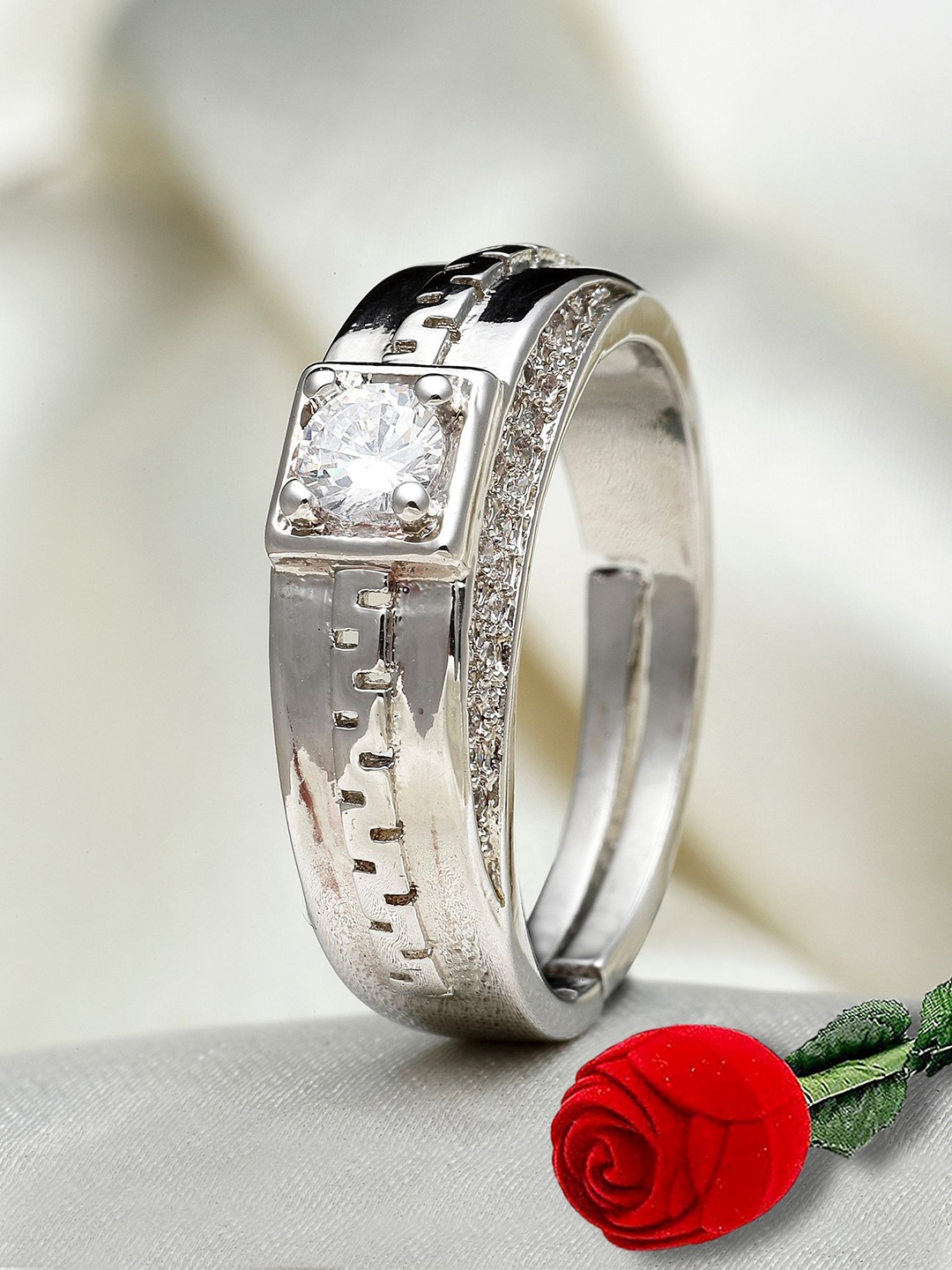 

KARATCART Men Silver-Plated AD-Studded Adjustable Finger Ring