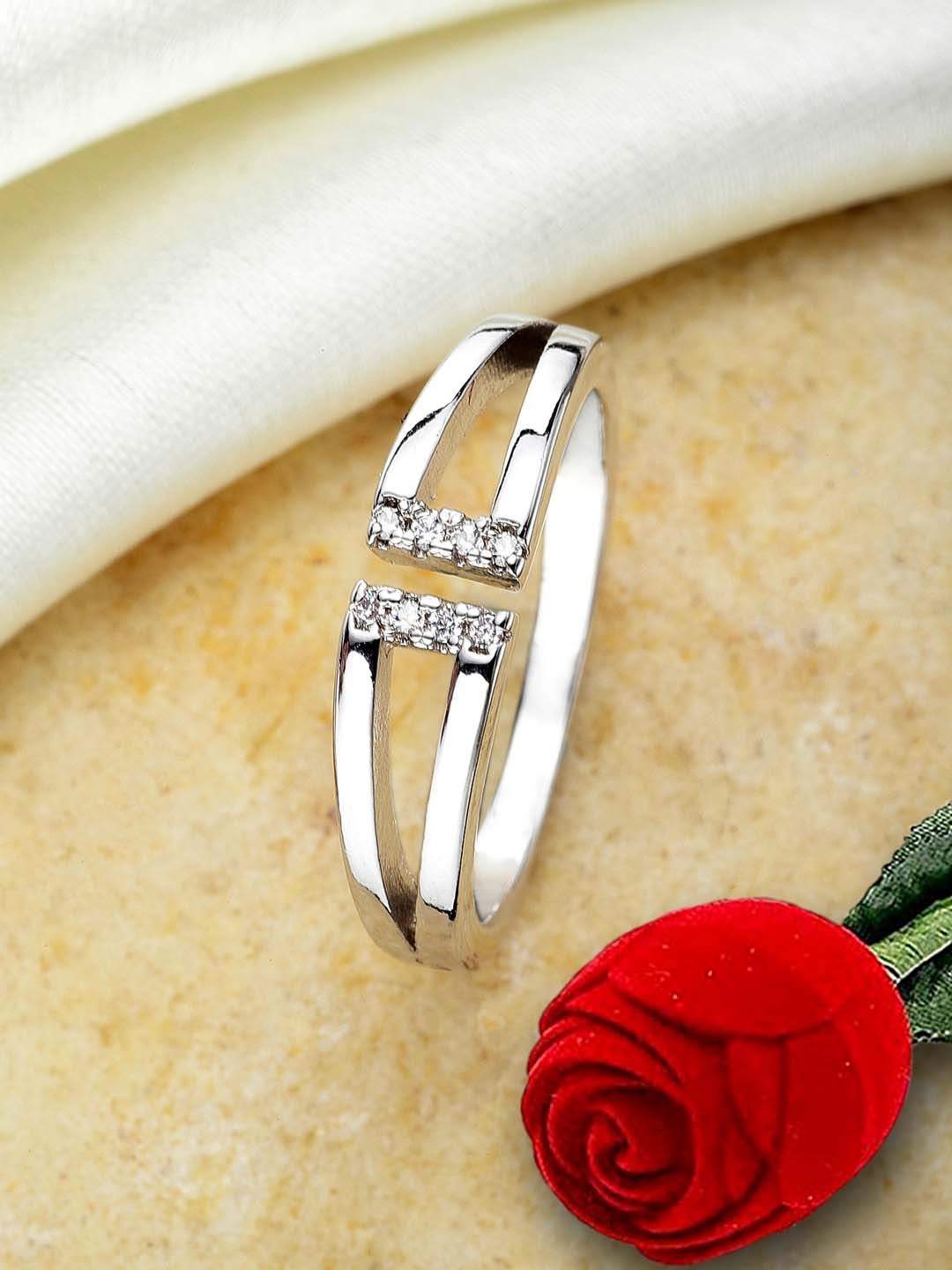 

KARATCART Silver-Plated AD Studded Adjustable Finger Ring With Red Rose Box, White