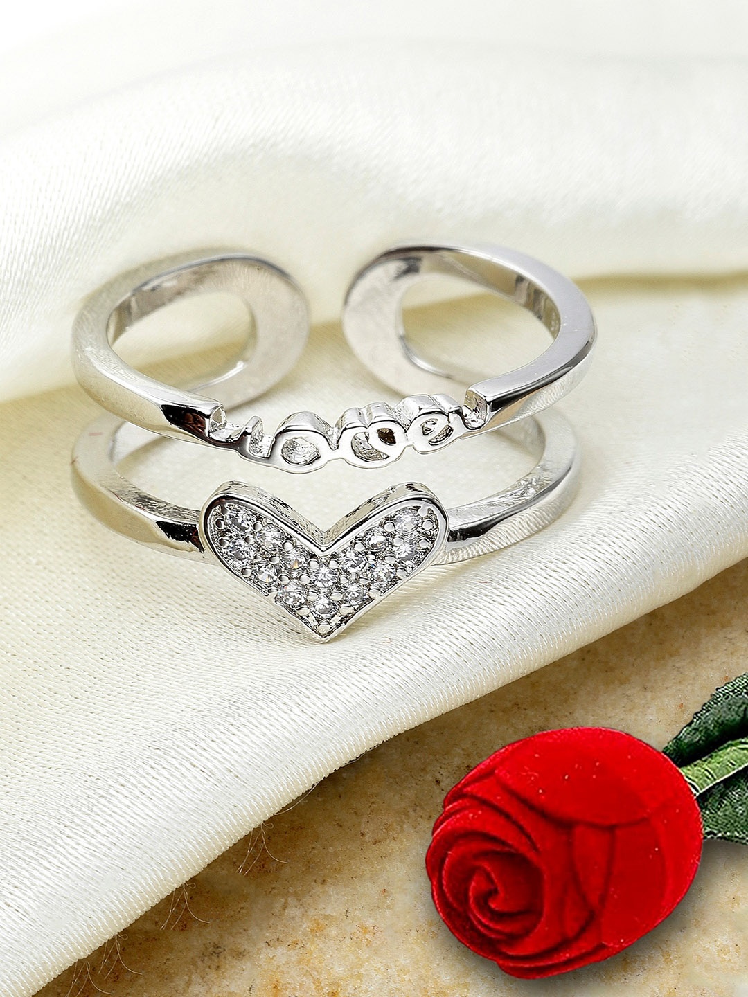 

KARATCART Silver-Plated AD-Studded Heart Shaped Adjustable Finger Ring With Red Rose Box