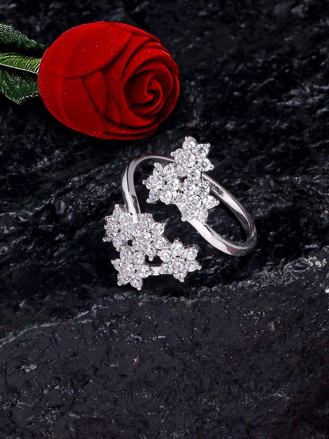 

KARATCART Silver-Plated AD-Studded Adjustable Finger Ring With Red Rose Box, White