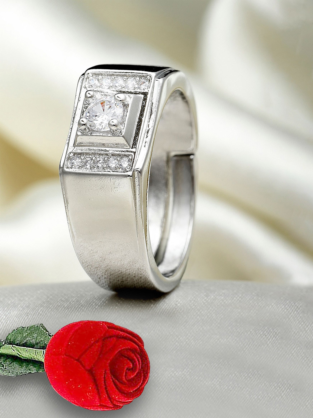 

KARATCART Men Silver-Plated AD-Studded Adjustable Finger Ring With Red Rose Box