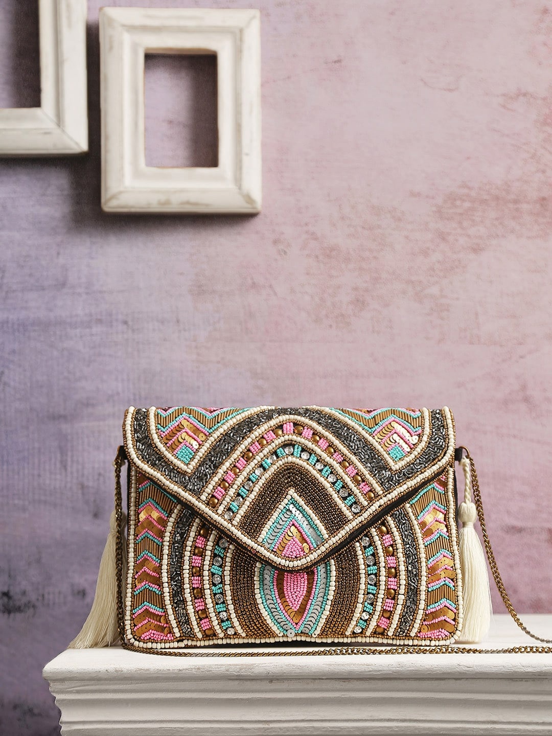

ALII AND ALIIZEY Embellished Structured Canvas Sling Bag with Tasselled, Gold