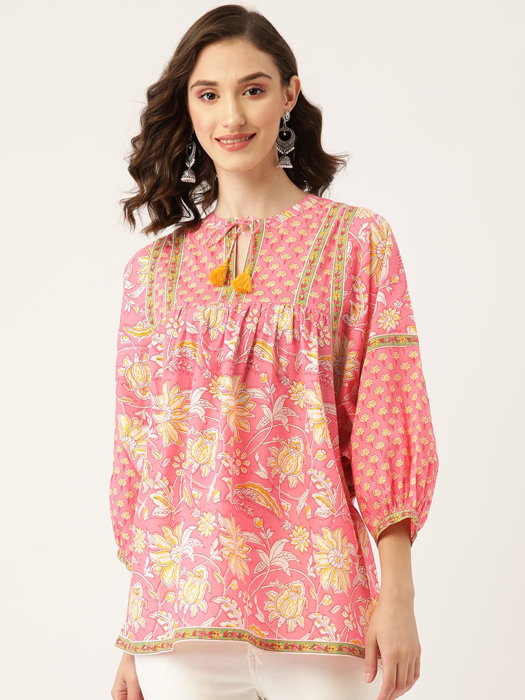 

Jaipur Morni Mandarin Collar Floral Printed Pure Cotton Tunic, Pink
