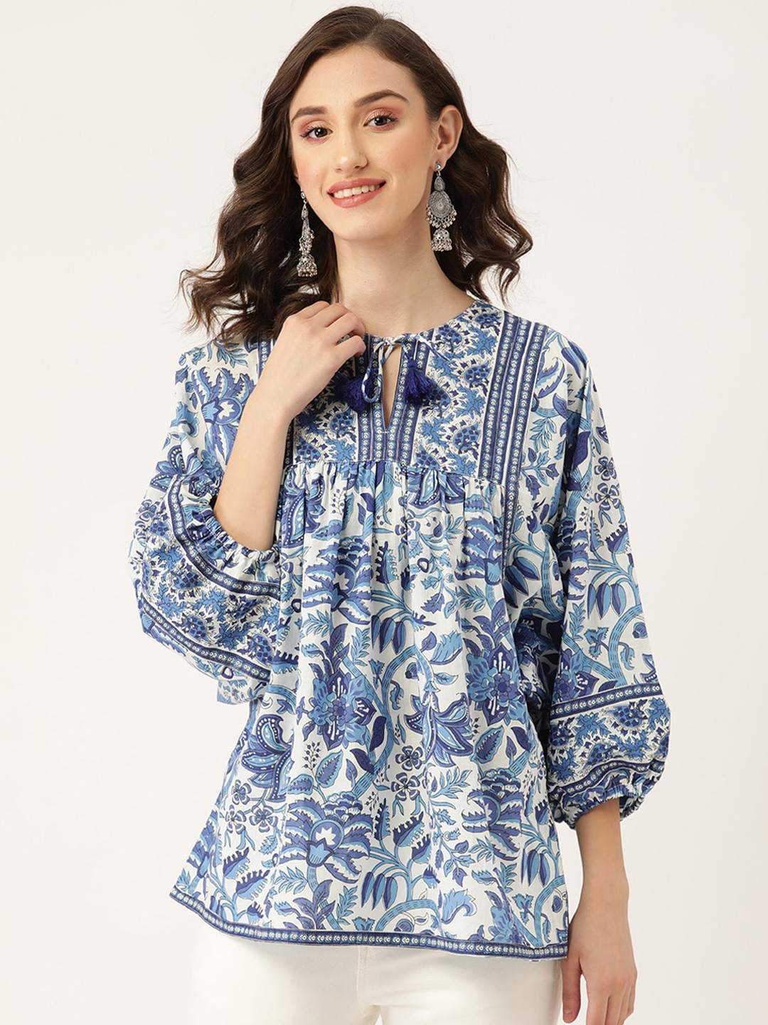 

Jaipur Morni Mandarin Collar Printed Pure Cotton Tunic, Blue