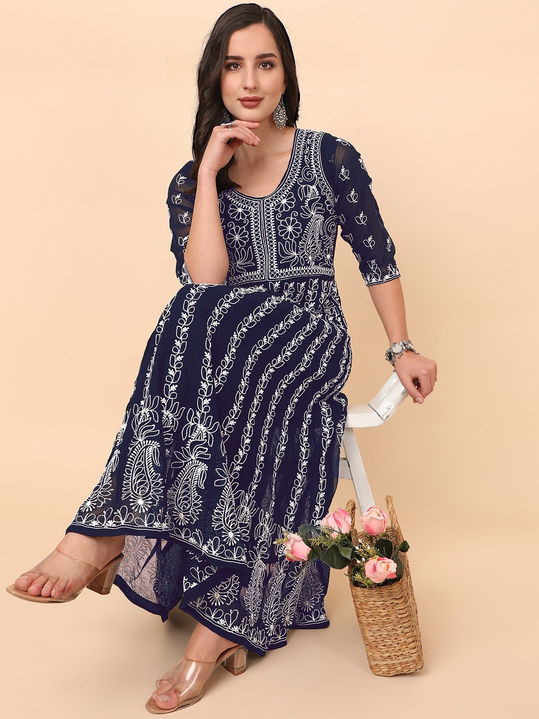 

HERE&NOW Ethnic Motifs Embroidered Thread Work Georgette Kurta, Navy blue