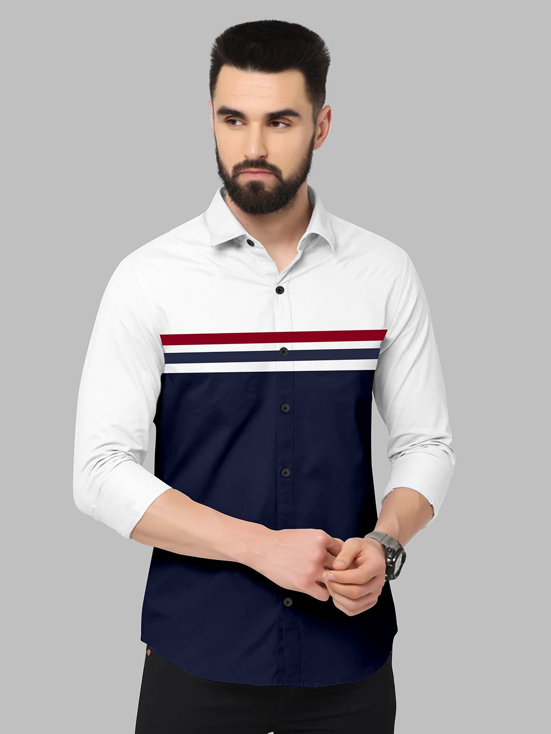 

Fashion FRICKS Colourblocked Casual Cotton Shirt, Navy blue