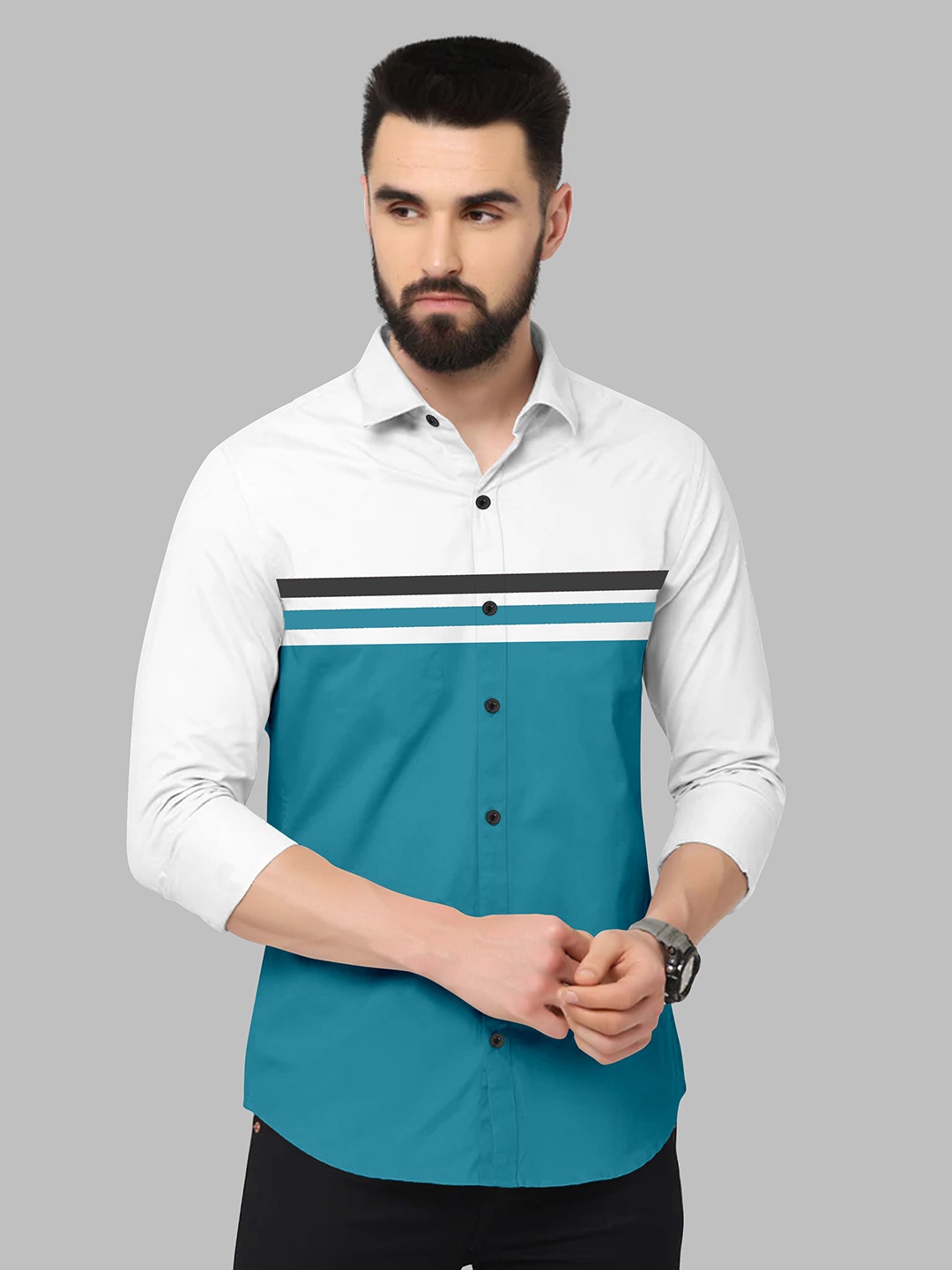 

Fashion FRICKS Men Colourblocked Casual Cotton Shirt, Turquoise blue