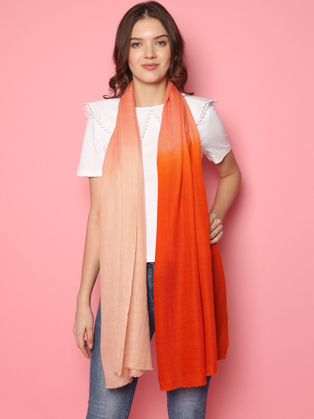 

MODARTA Women Colourblocked Pure Pashmina Shawl, Orange