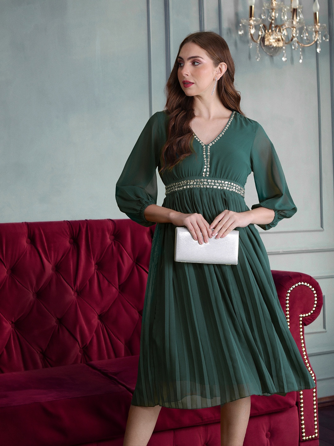 

all about you Accordion Pleated Sequinned A-Line Midi Dress, Green