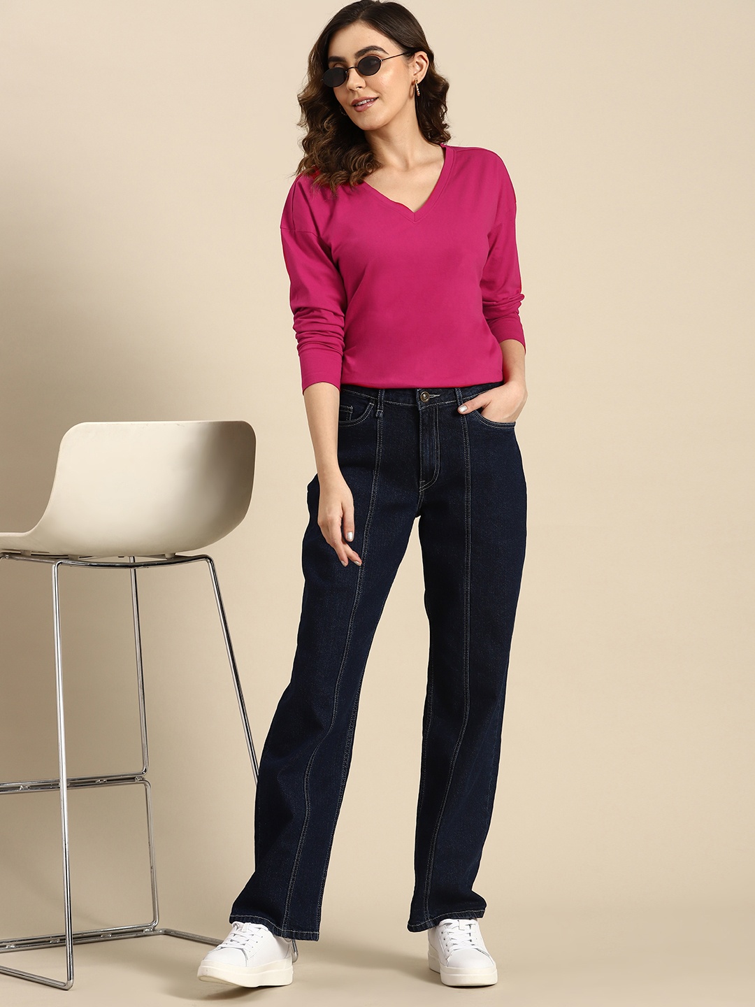 

all about you V-Neck Long Sleeves Pure Cotton T-shirt, Pink