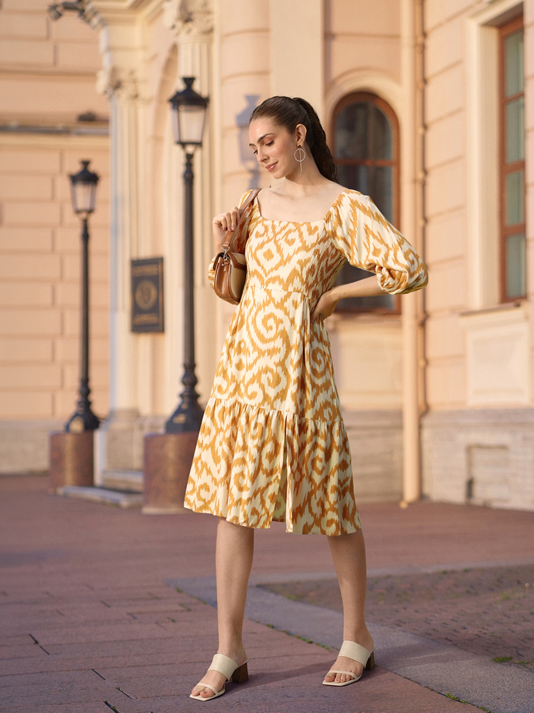 

all about you Ethnic Motifs Print Puff Sleeve A-Line Dress, Mustard