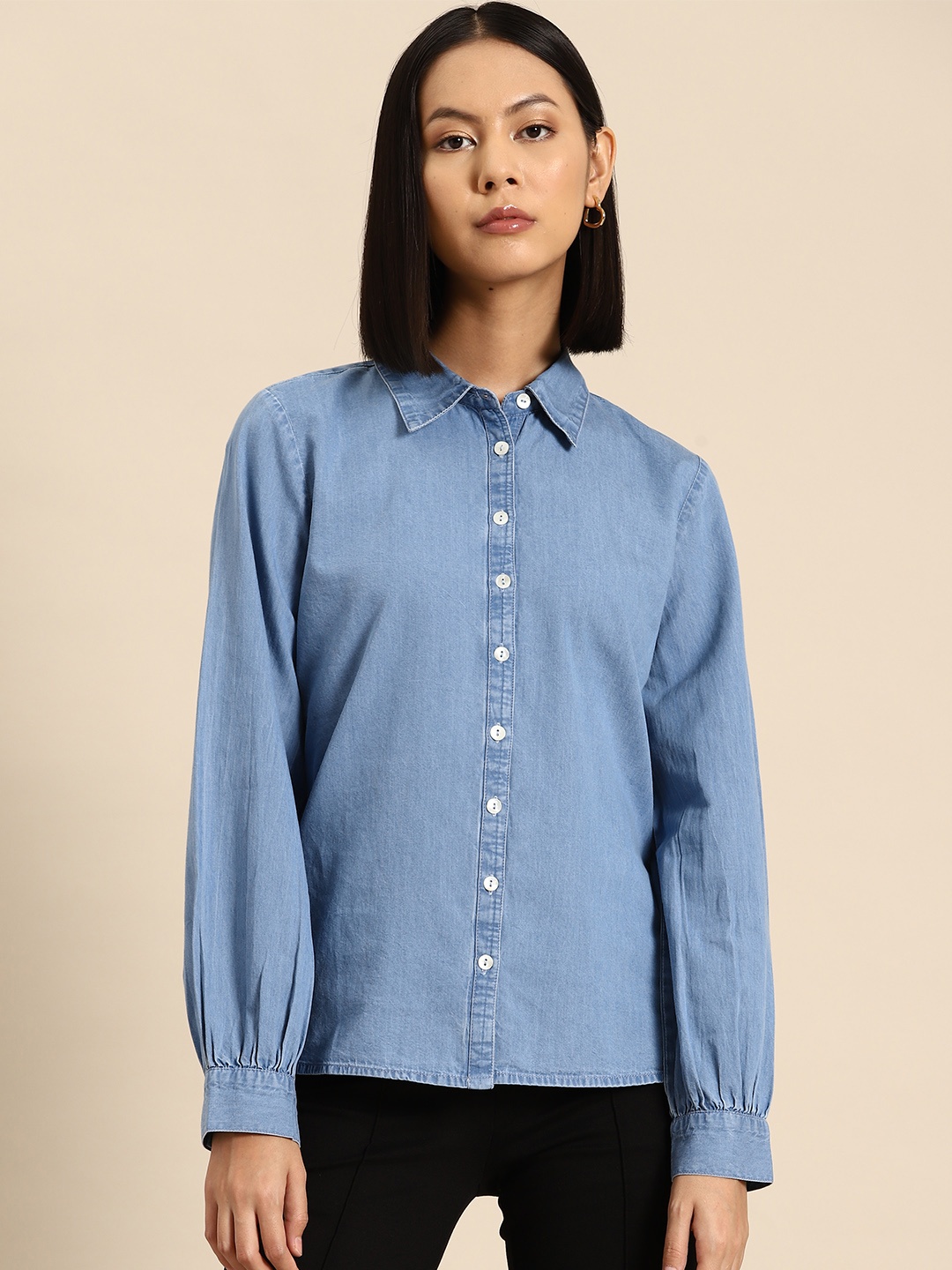 

all about you Chambray Finish Puff Sleeves Casual Shirt, Blue