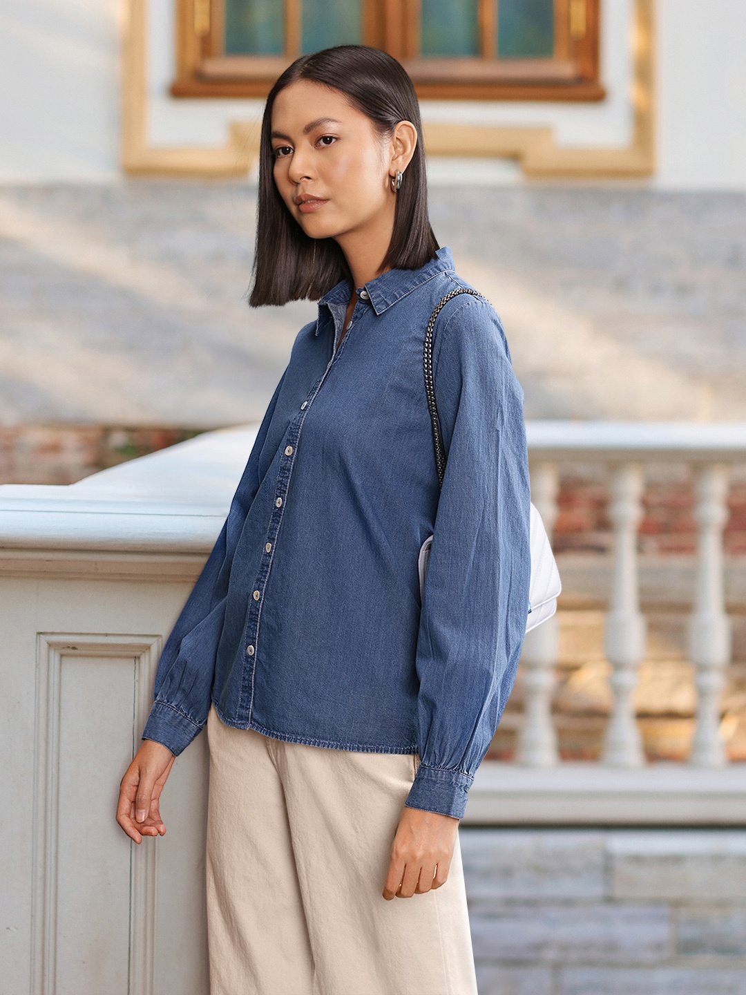 

all about you Chambray Finish Puff Sleeves Casual Shirt, Blue