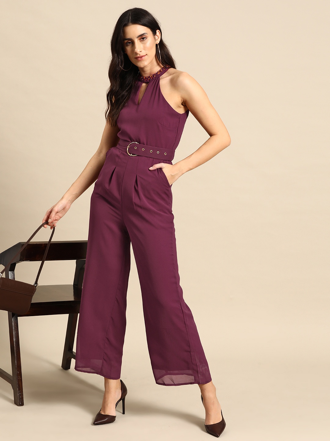 

all about you Sequinned Basic Jumpsuit with Belt, Burgundy