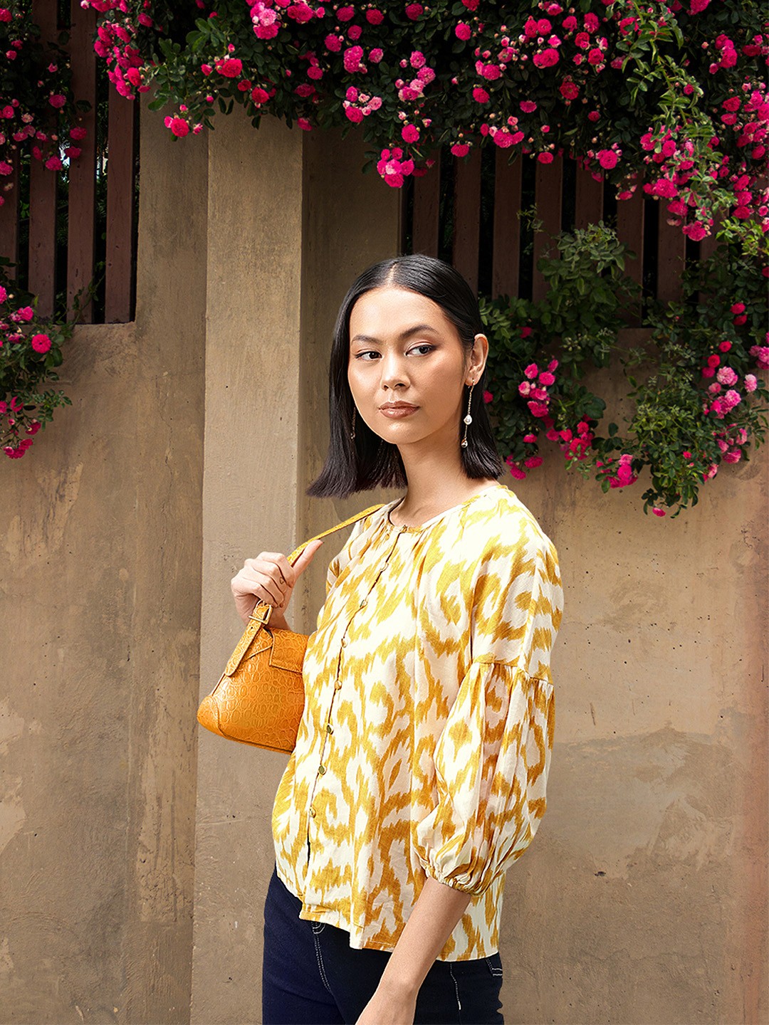 

all about you Dyed Effect Puff Sleeve Shirt Style Top, Mustard