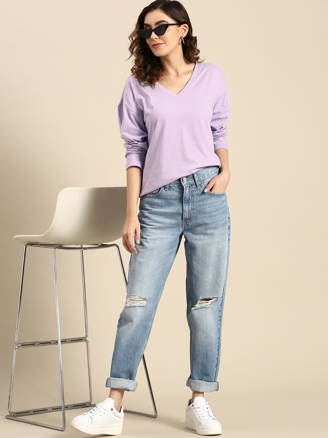 

all about you V-Neck Long Sleeves Pure Cotton T-shirt, Lavender