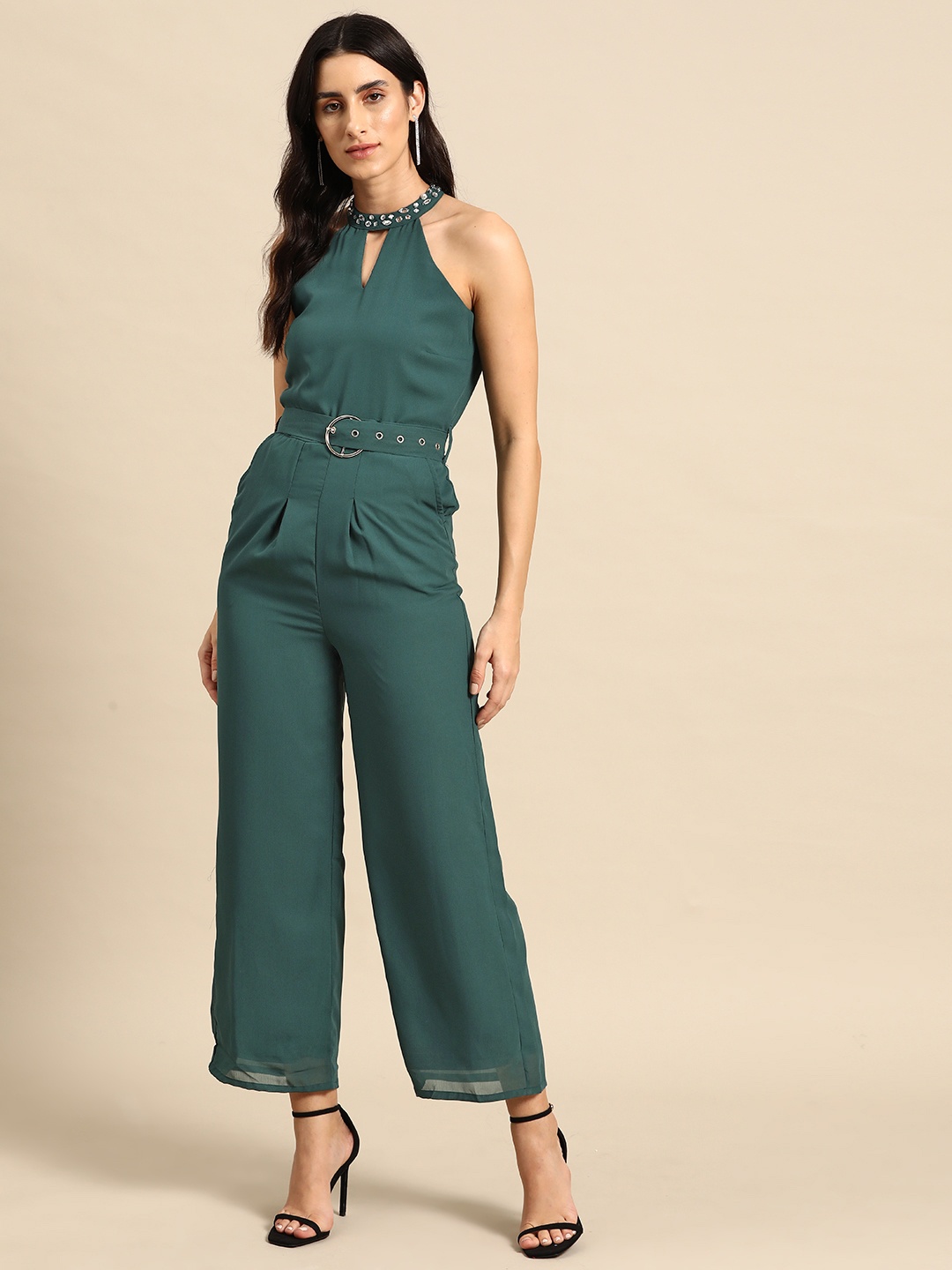 

all about you Sequinned Basic Jumpsuit with Belt, Green