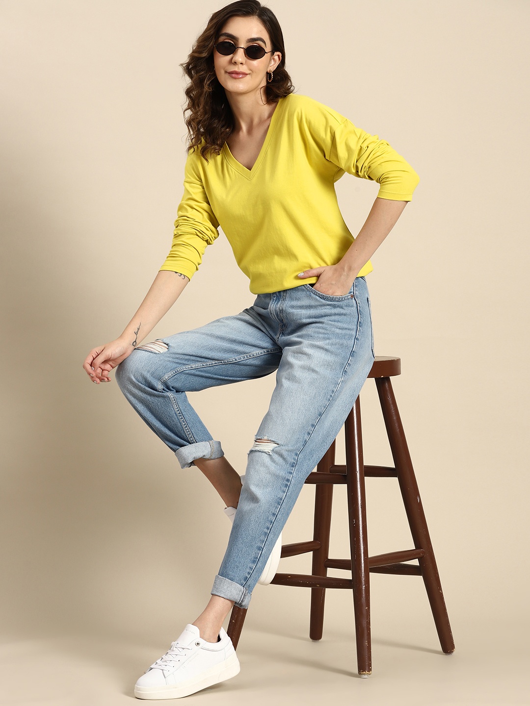 

all about you Pure Cotton Full-Sleeves Longline T-shirt, Yellow