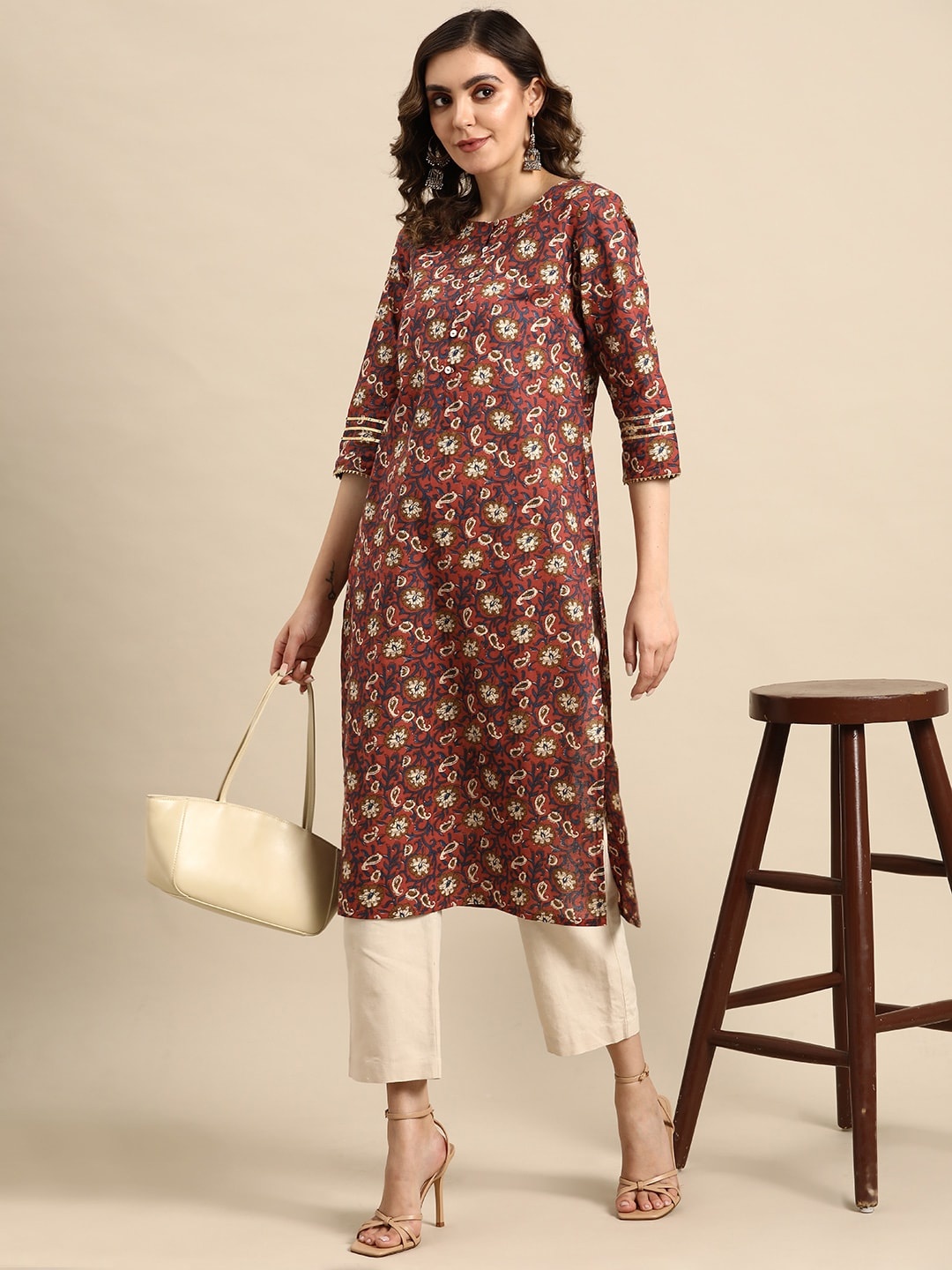 

all about you Ethnic Motifs Printed Pure Cotton Kurta, Rust