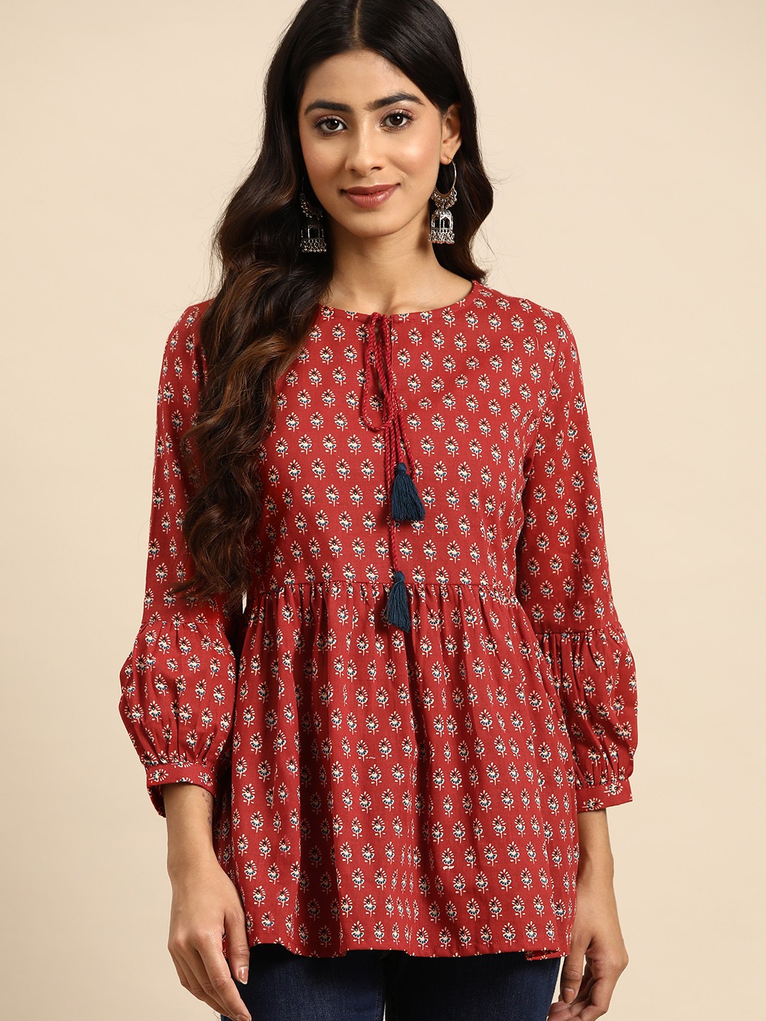 

all about you Floral Printed Pure Cotton Pleated Kurti, Red