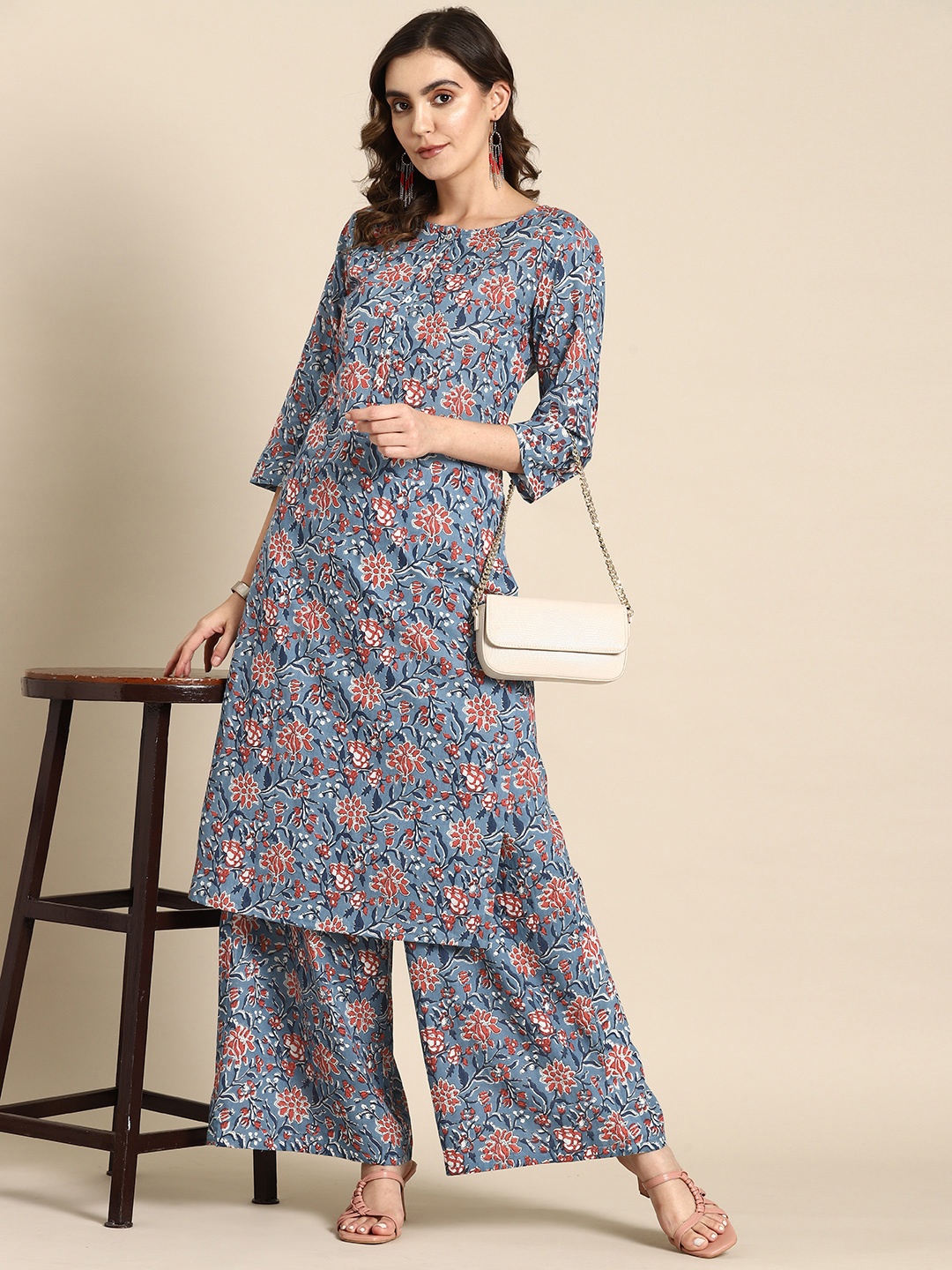 

all about you Floral Print Pure Cotton Kurta With Palazzos, Blue