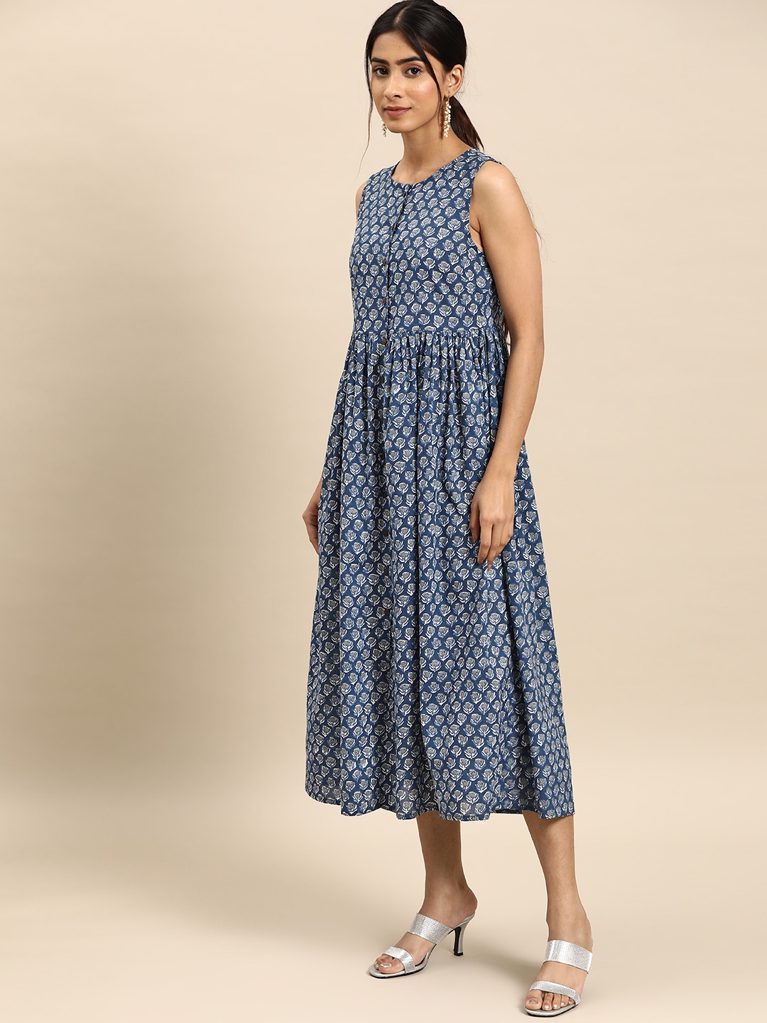 

all about you Floral Print Pure Cotton Midi A-Line Ethnic Dress, Blue