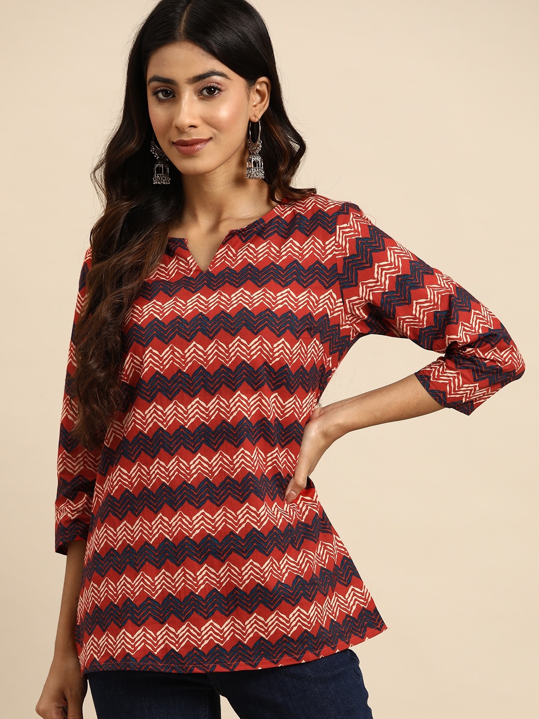 

all about you Chevron Printed Pure Cotton Kurti, Blue