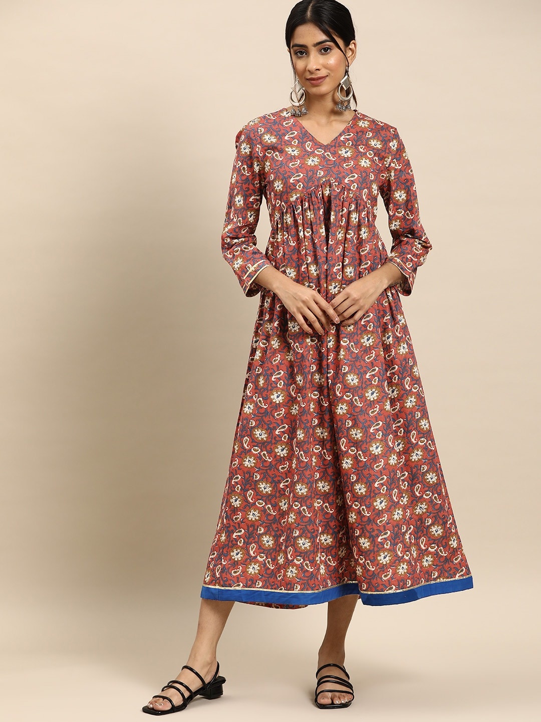 

all about you Printed Pure Cotton Midi A-Line Ethnic Dress, Maroon