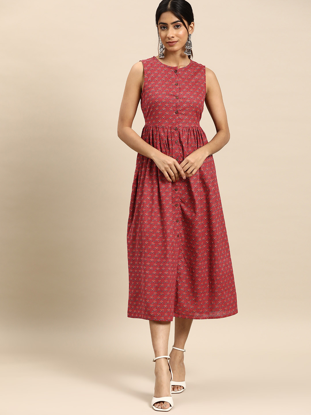 

all about you Floral Print Pure Cotton Midi A-Line Ethnic Dress, Maroon