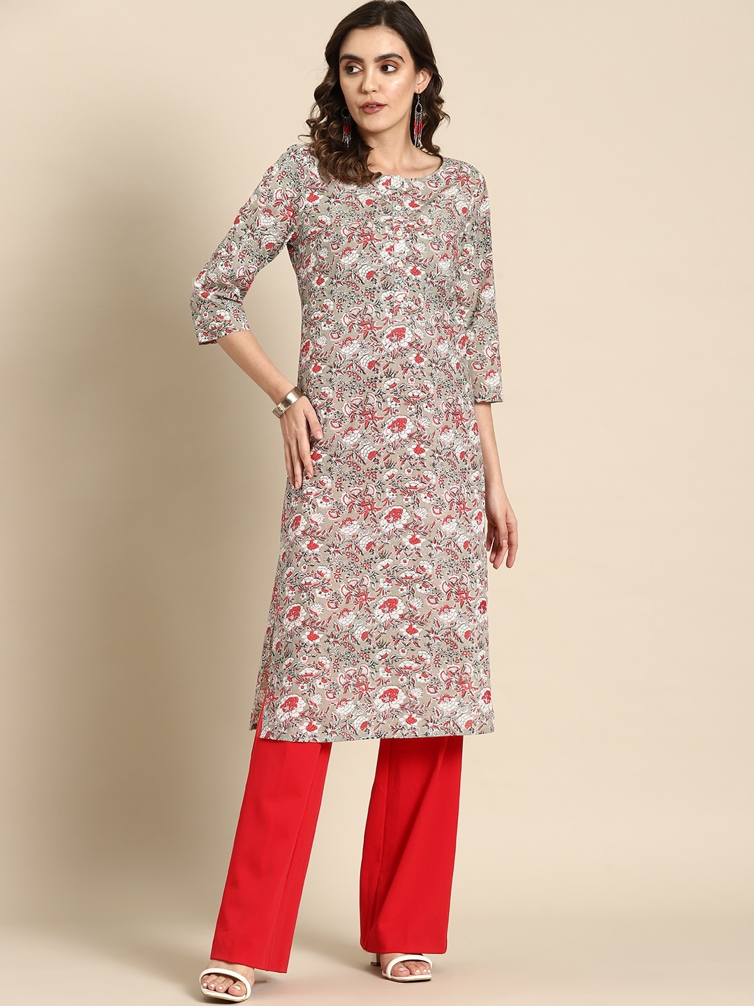 

all about you Pure Cotton Ethnic Motifs Printed Gotta Patti Detailed Straight Kurta, Grey