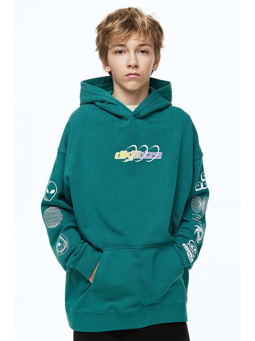 

H&M Boys Oversized Printed Hoodie, Green