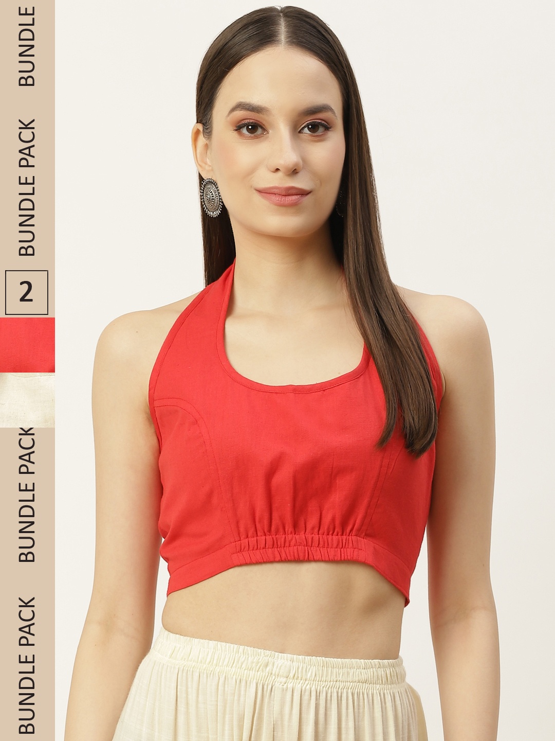 

Molcha Pack Of 2 Non Padded Halter Neck Cotton Saree Blouse, Off white