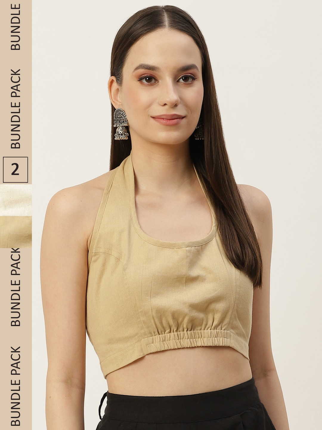

Molcha Pack Of 2 Non Padded Halter Neck Cotton Saree Blouse, Off white