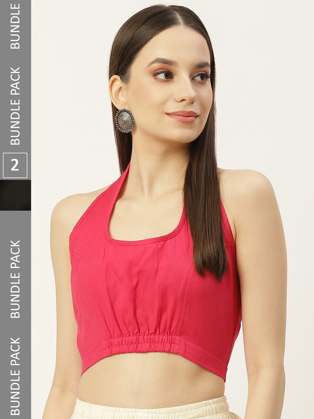 

Molcha Pack Of 2 Back Open Halter Neck Cotton Saree Blouse, Pink