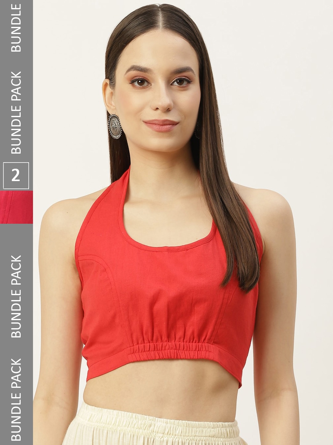 

Molcha Pack Of 2 Back Open Halter Neck Cotton Saree Blouse, Pink