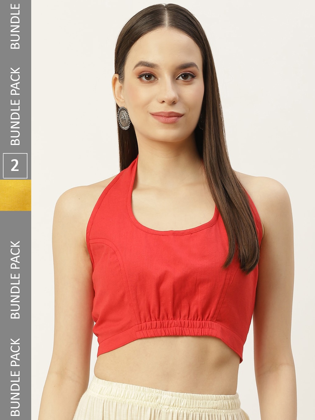 

Molcha Pack Of 2 Back Open Halter Neck Cotton Saree Blouse, Yellow