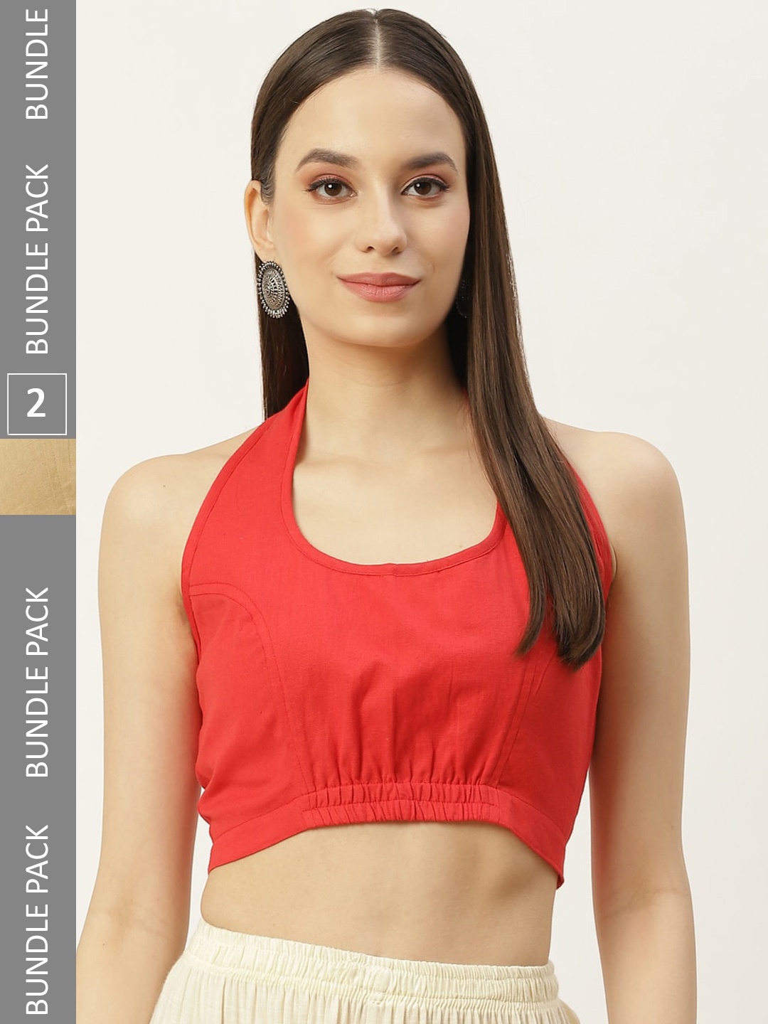 

Molcha Pack Of 2 Back Open Halter Neck Cotton Saree Blouse, Beige