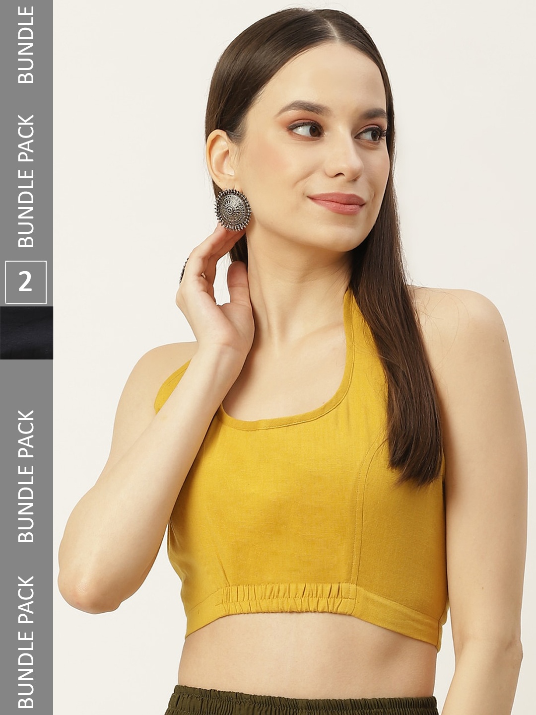 

Molcha Pack Of 2 Back Open Halter Neck Cotton Saree Blouse, Mustard