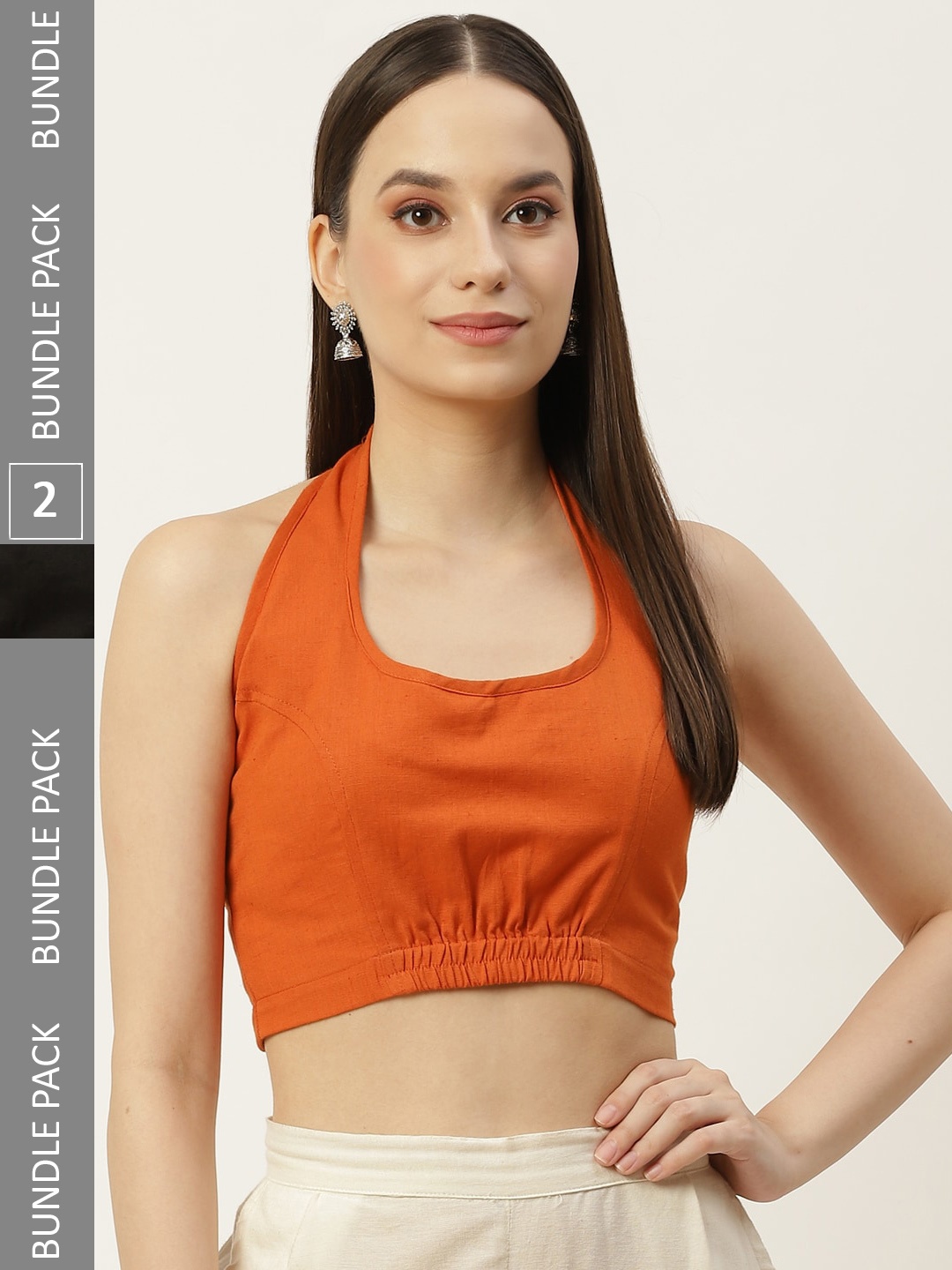 

Molcha Pack Of 2 Back Open Halter Neck Cotton Saree Blouse, Rust