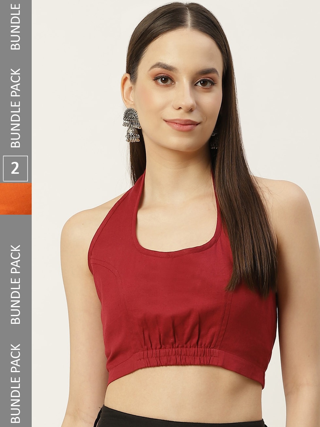 

Molcha Pack Of 2 Back Open Halter Neck Cotton Saree Blouse, Rust