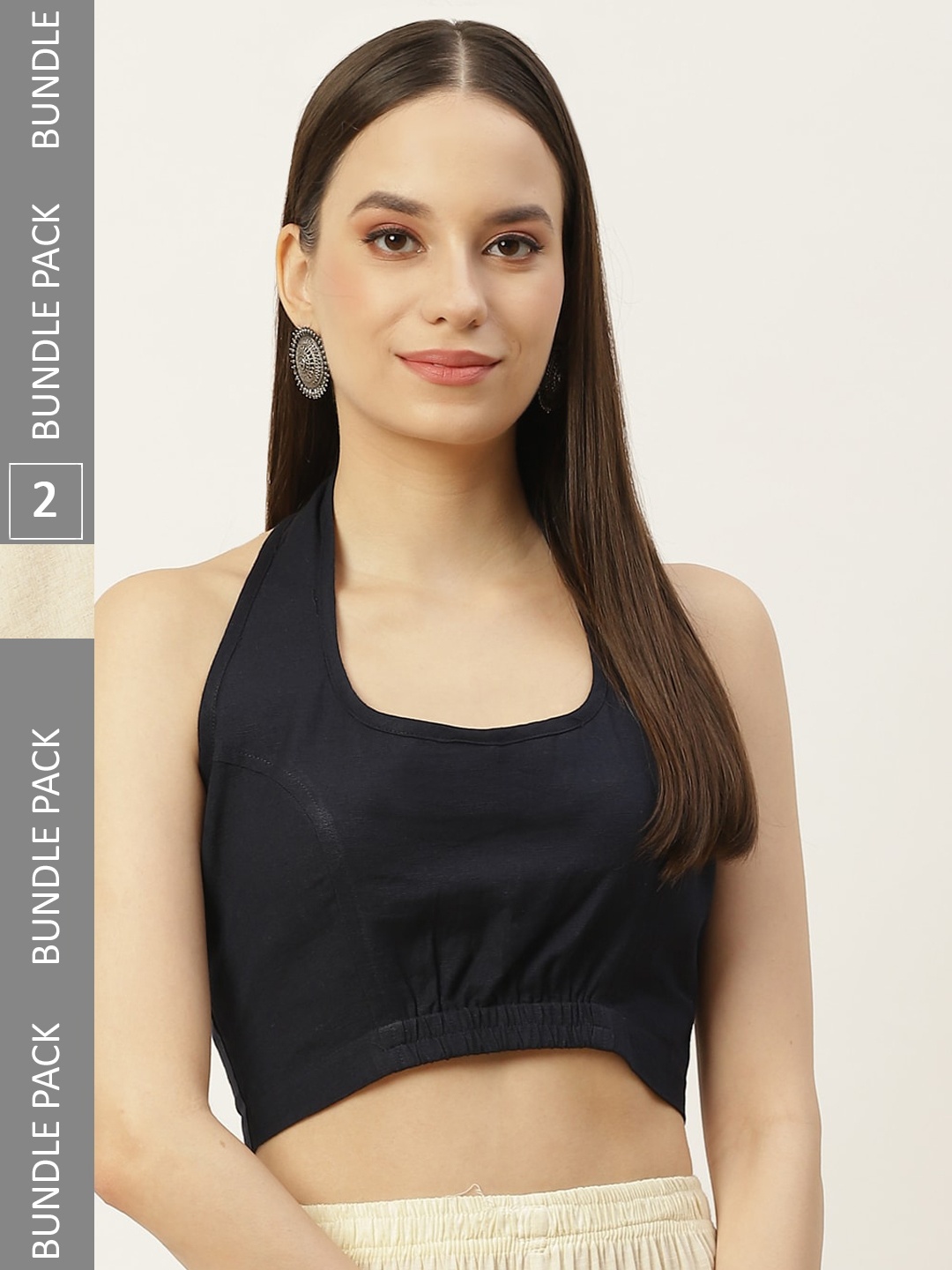 

Molcha Pack Of 2 Back Open Halter Neck Cotton Saree Blouse, Off white