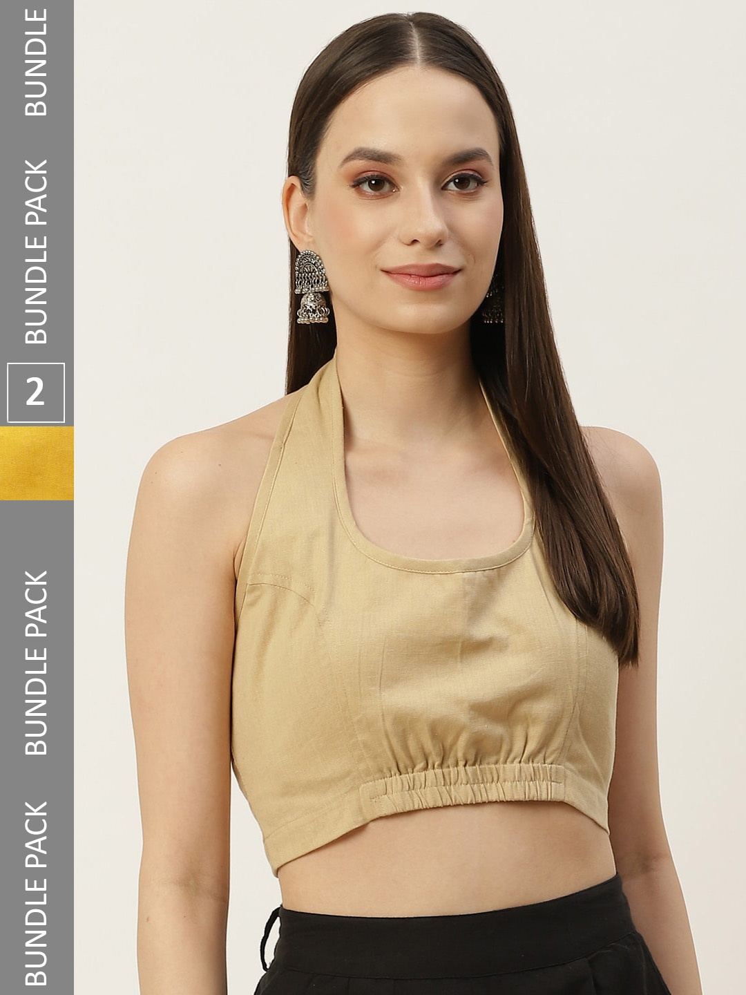 

Molcha Pack Of 2 Back Open Halter Neck Cotton Saree Blouse, Beige