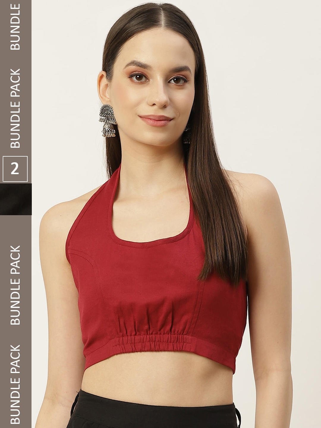 

Molcha Pack Of 2 Back Open Halter Neck Cotton Saree Blouse, Maroon