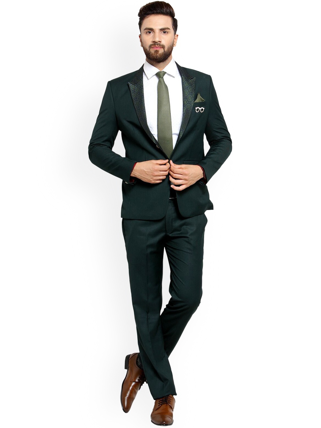 LUXURAZI Men Slim-Fit Single Breasted Two-Piece Formal Suit, Green