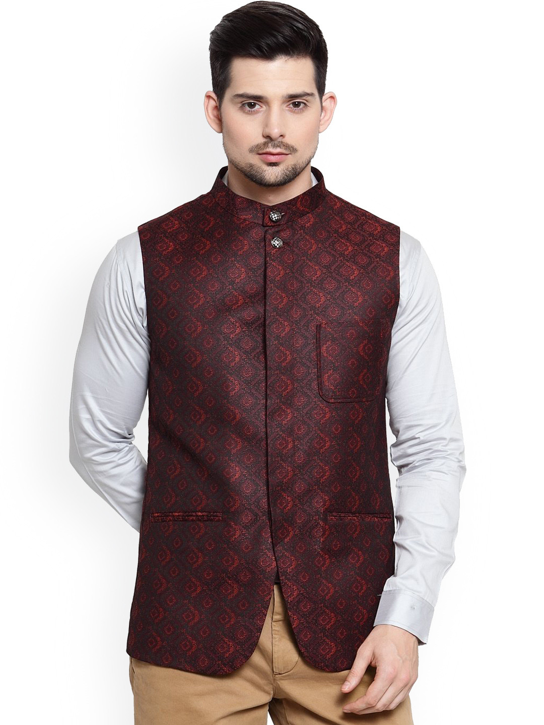

LUXURAZI Men Red Jacquard Concealed Placket Bandhgala Jodhpuri Nehru jacket