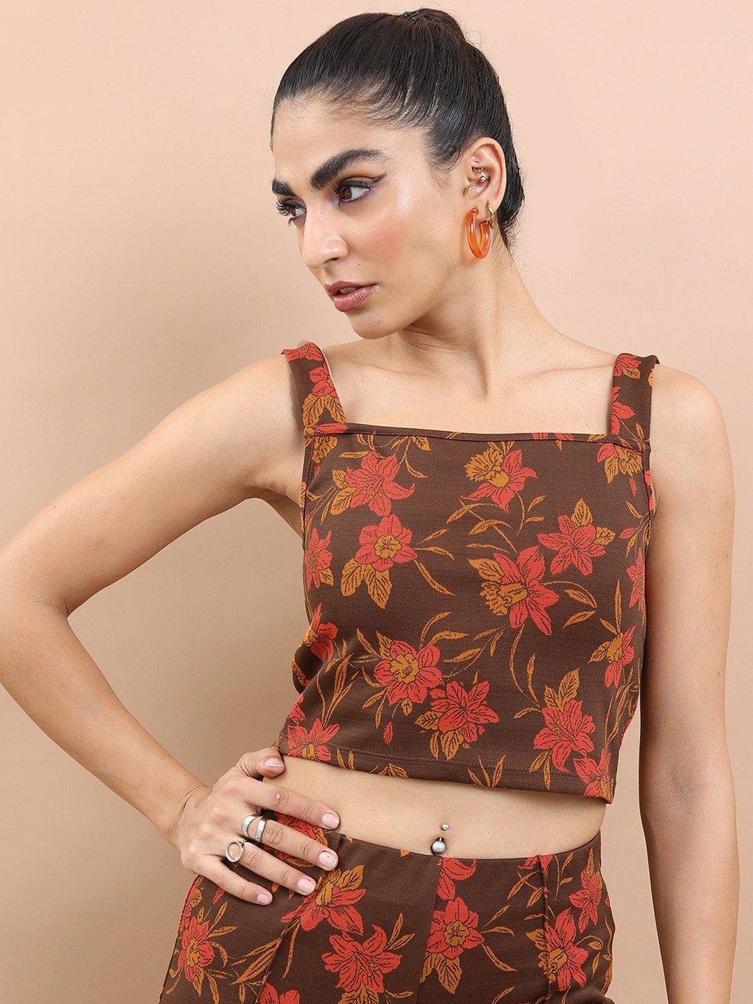 

Tokyo Talkies Floral Print Crop Top, Brown