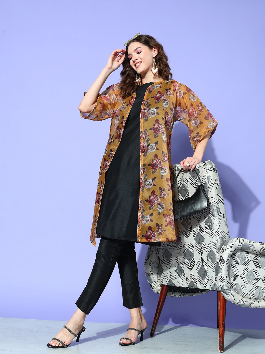 

InWeave Camel Brown Transitional Layers Floral Printed Shrug