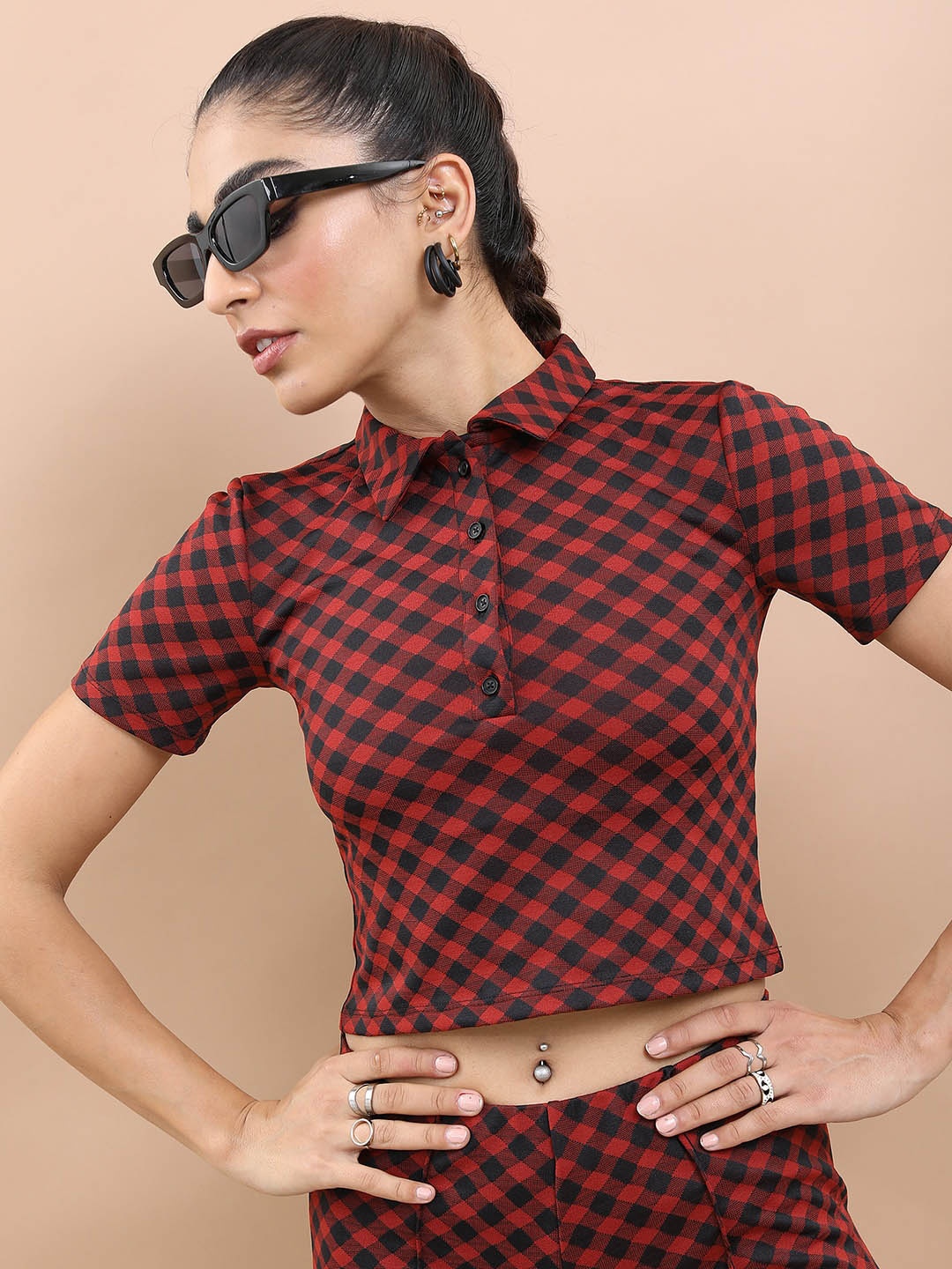 

Tokyo Talkies Checked Shirt Style Crop Top, Red