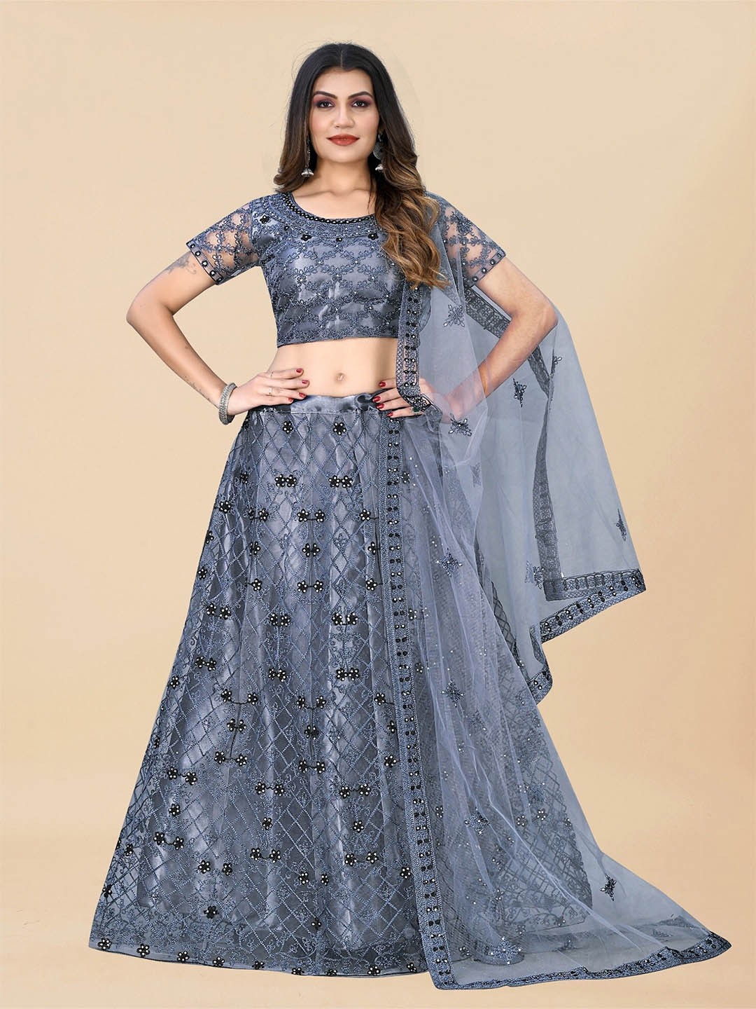 

APNISHA Embroidered Semi-Stitched Lehenga & Unstitched Blouse With Dupatta, Grey
