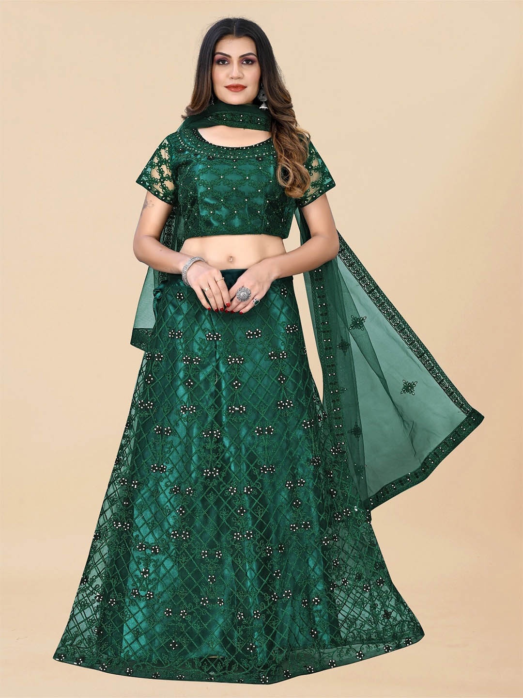 

APNISHA Embroidered Semi-Stitched Lehenga & Unstitched Blouse With Dupatta, Green